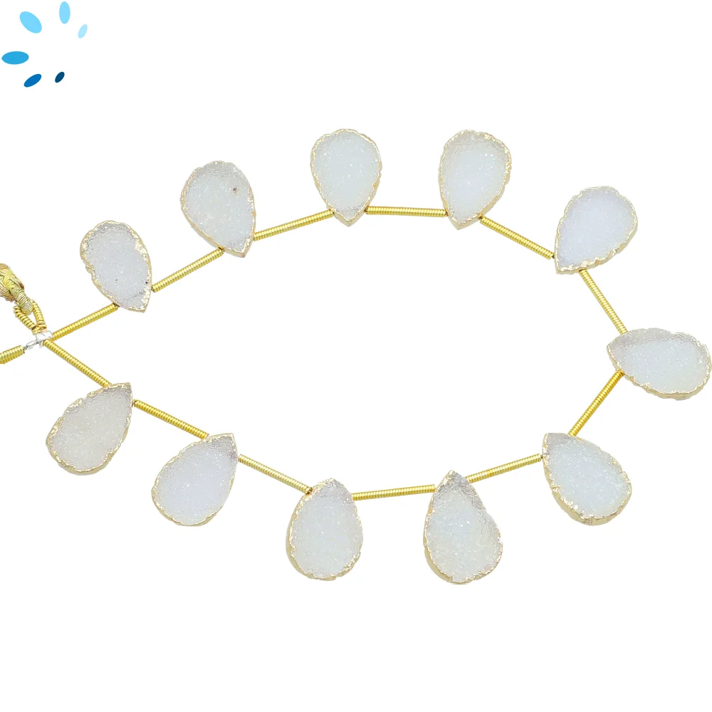 White Druzy Top Drilled Pear Beads 15x10mm - 18k Gold Electroplated