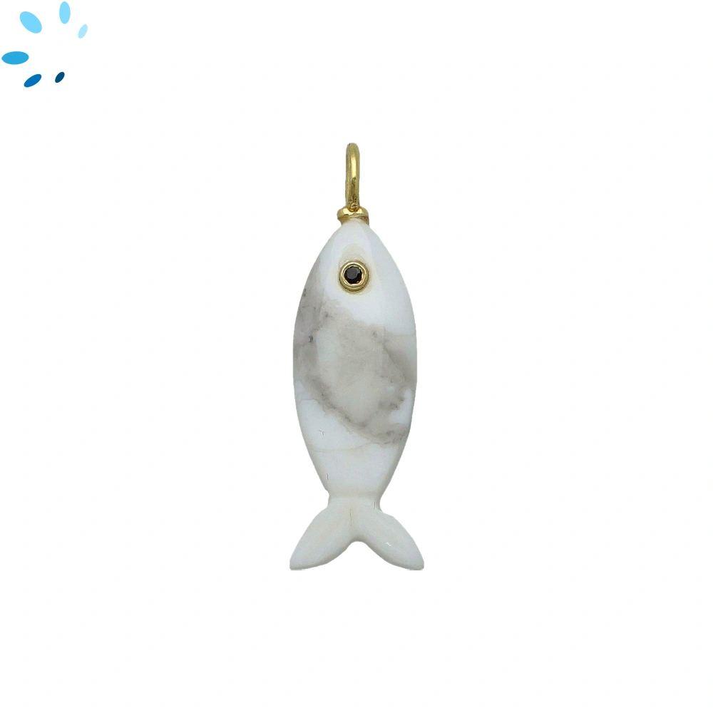 White Howlite & Black Spinel Vertical Elongated Fish Inlay Pendant Charm 25x9mm - 18k Gold Plated Sterling Silver