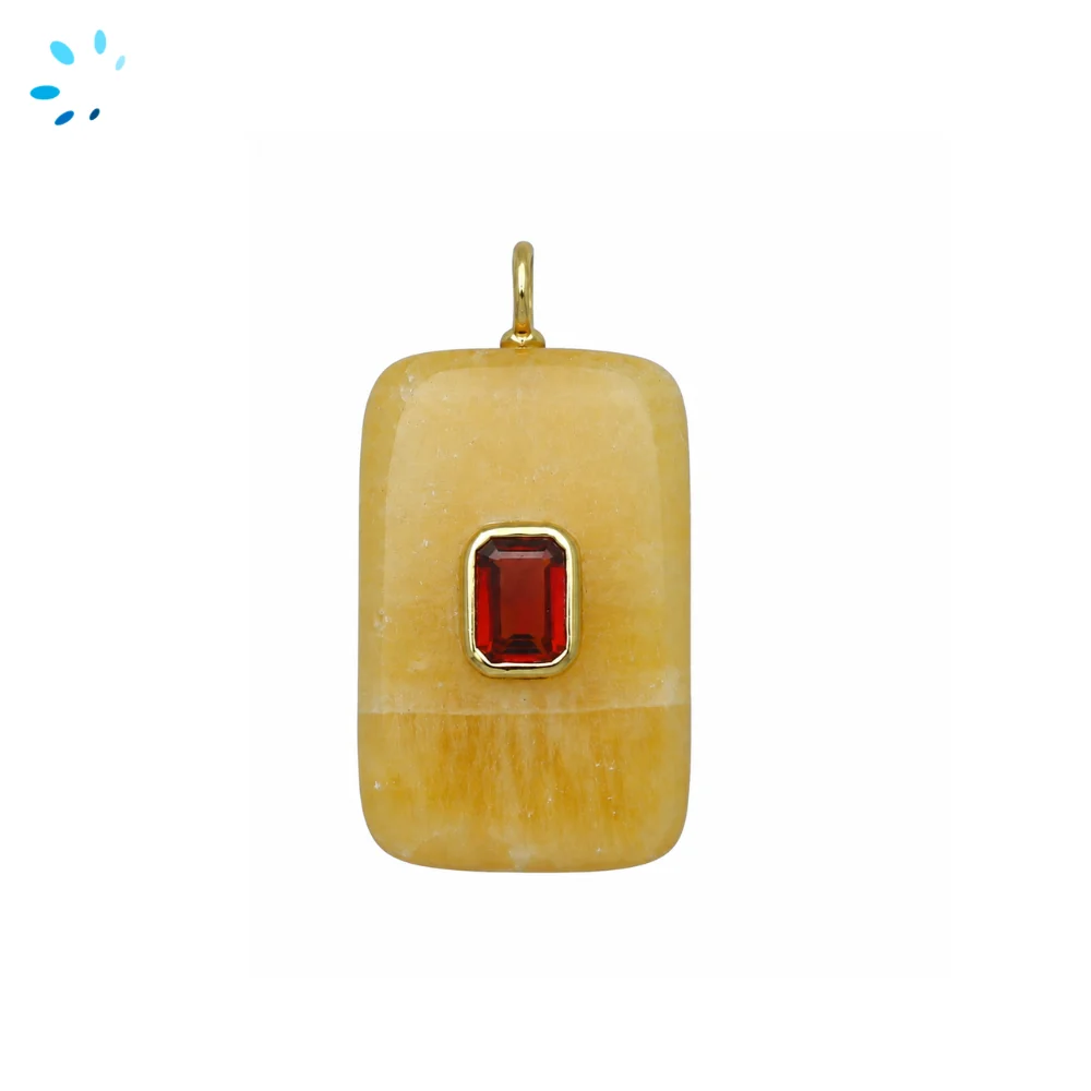 Yellow Calcite & Garnet Slab Rectangle Inlay Pendant Charm 28x18mm - 18k Gold Plated Sterling Silver 1 Piece