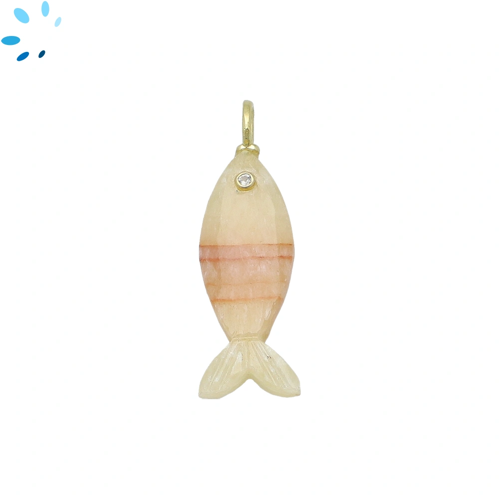 Yellow Jasper & White Topaz Vertical Elongated Fish Inlay Pendant Charm 25x9mm - 18k Gold Plated Sterling Silver 