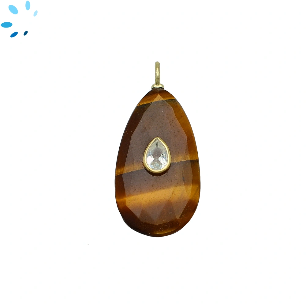 Yellow Tiger Eye & White Topaz Pear Inlay Pendant Charm 29x16mm - 18k Gold Plated Sterling Silver - 1 Piece