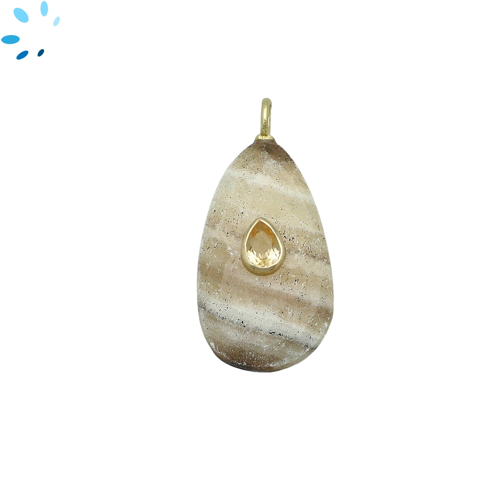 Zebra Calcite & Citrine Pear Inlay Pendant Charm mm - 18k Gold Plated Sterling Silver - 1 Piece