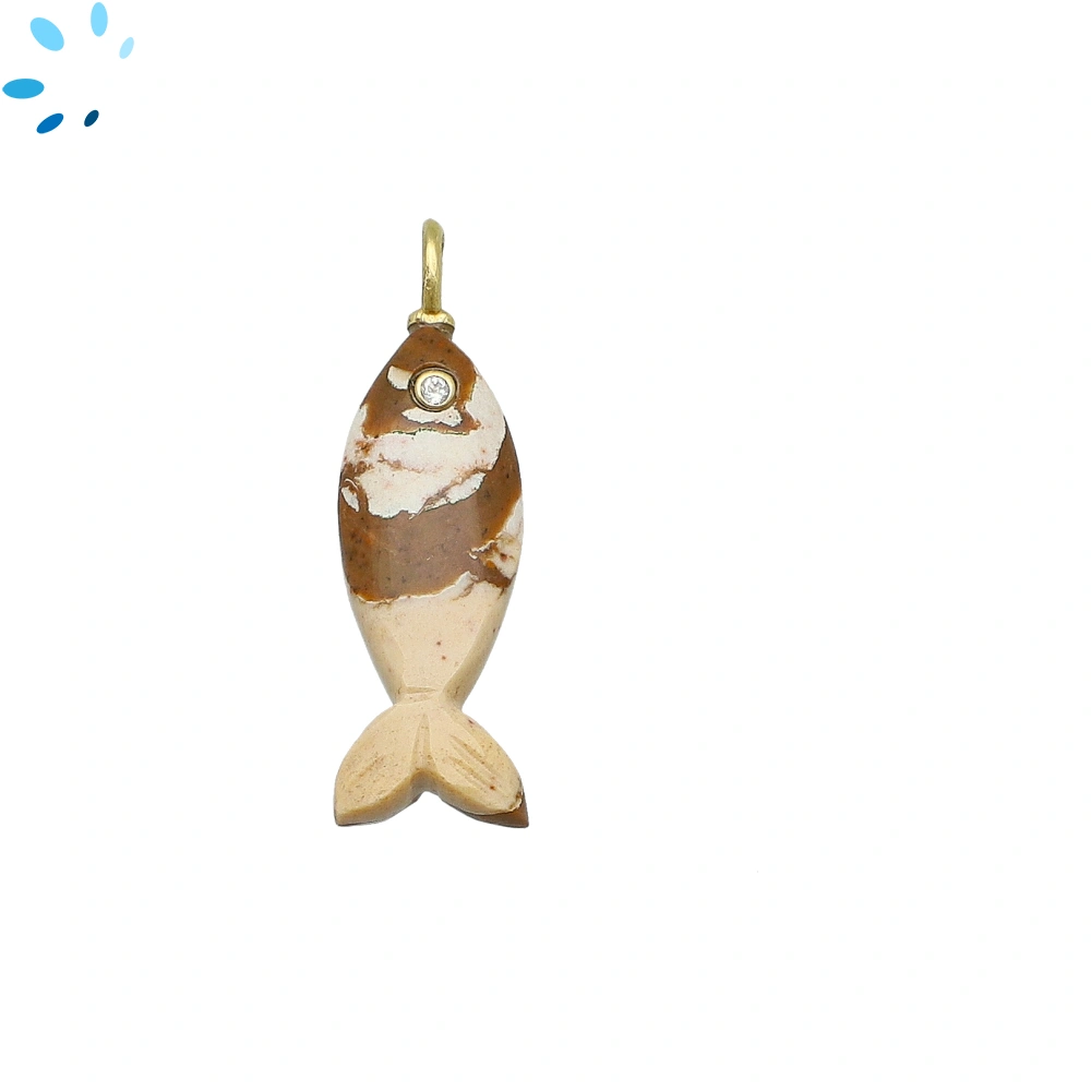 Zebra Jasper & White Topaz Vertical Elongated Fish Inlay Pendant Charm 25x9mm - 18k Gold Plated Sterling Silver
